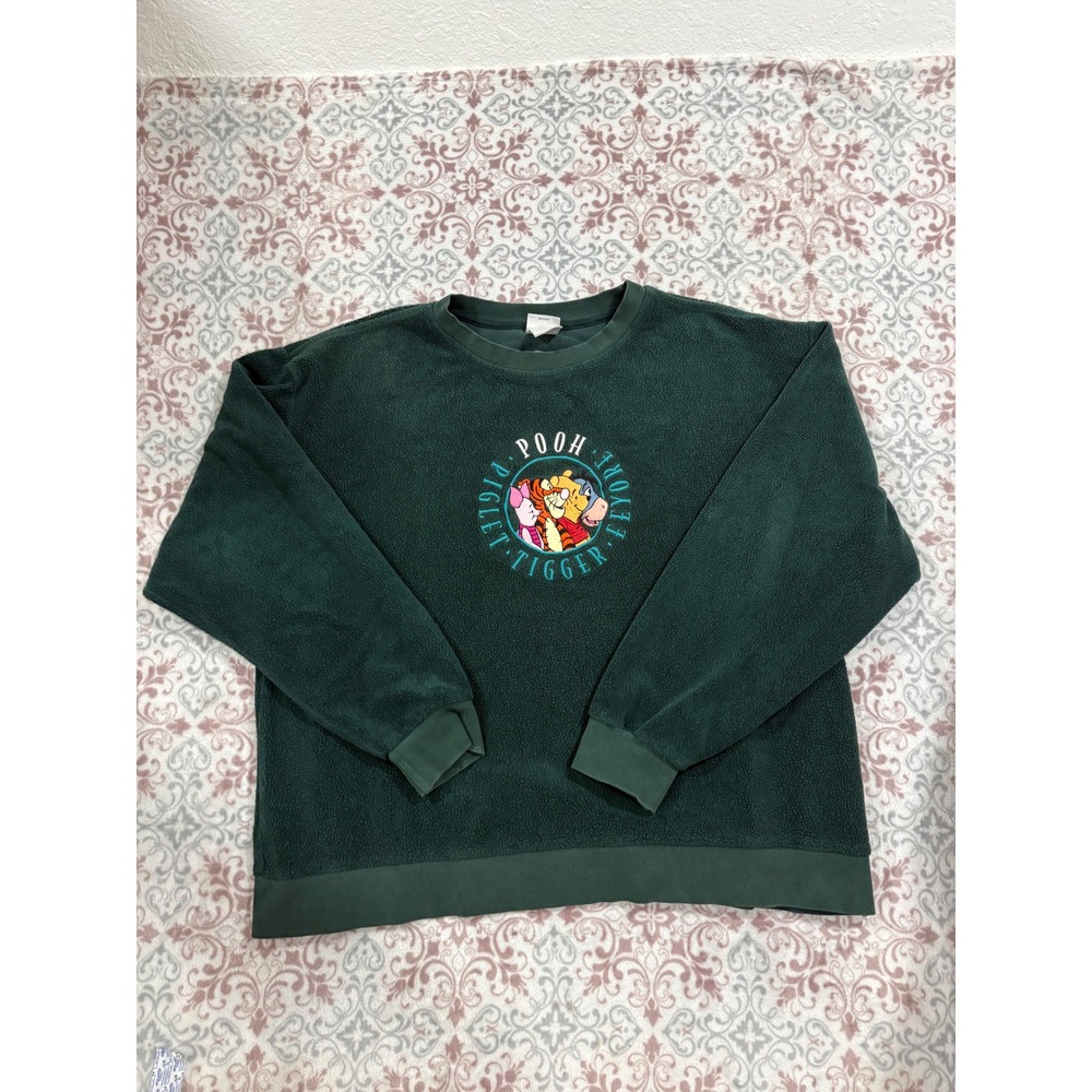 Vintage Disney Store Winnie the Pooh Fleece Sweatshirt Green Embroidered Large